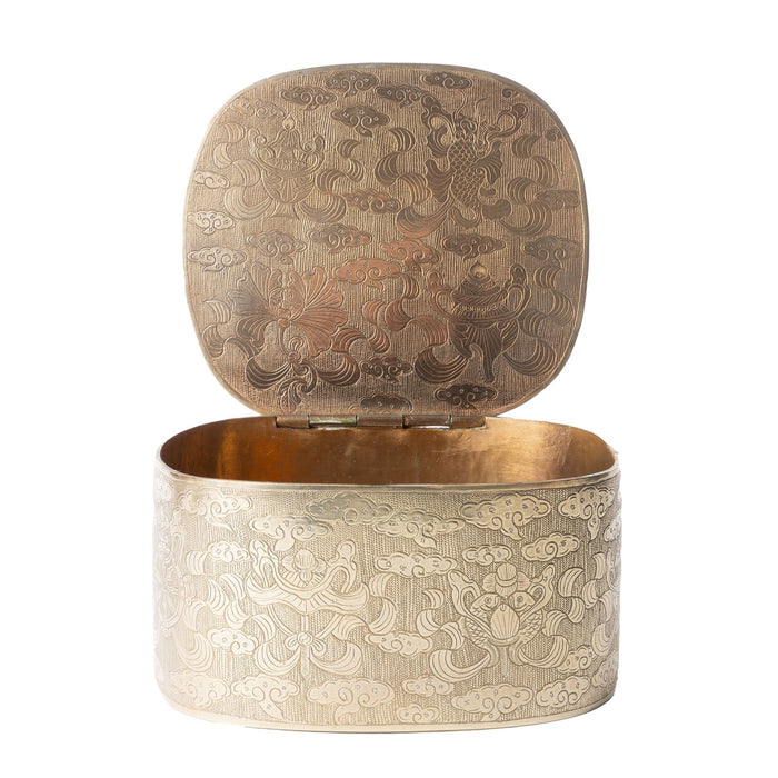 Engraved Chinese Brass Box With Carved Nephrite White Jade Lid (1893)