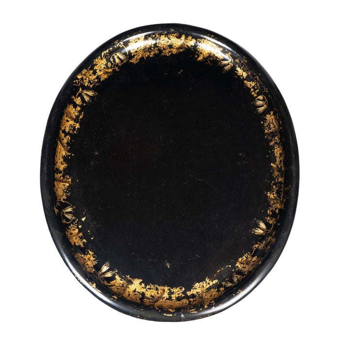 English oval papier mache tea tray table on custom sabre leg stand (c. 1835)