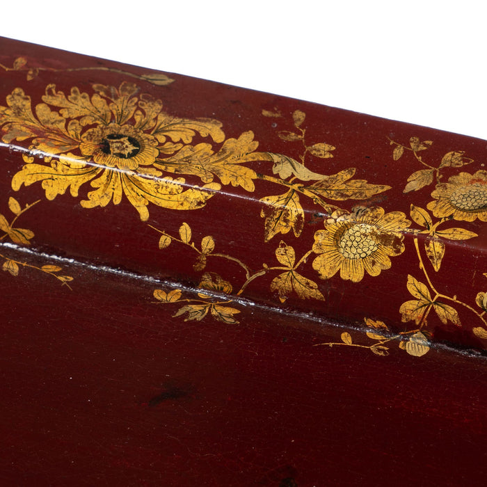 English gilt decorated burgundy paper mache tea tray on custom stand (1830)